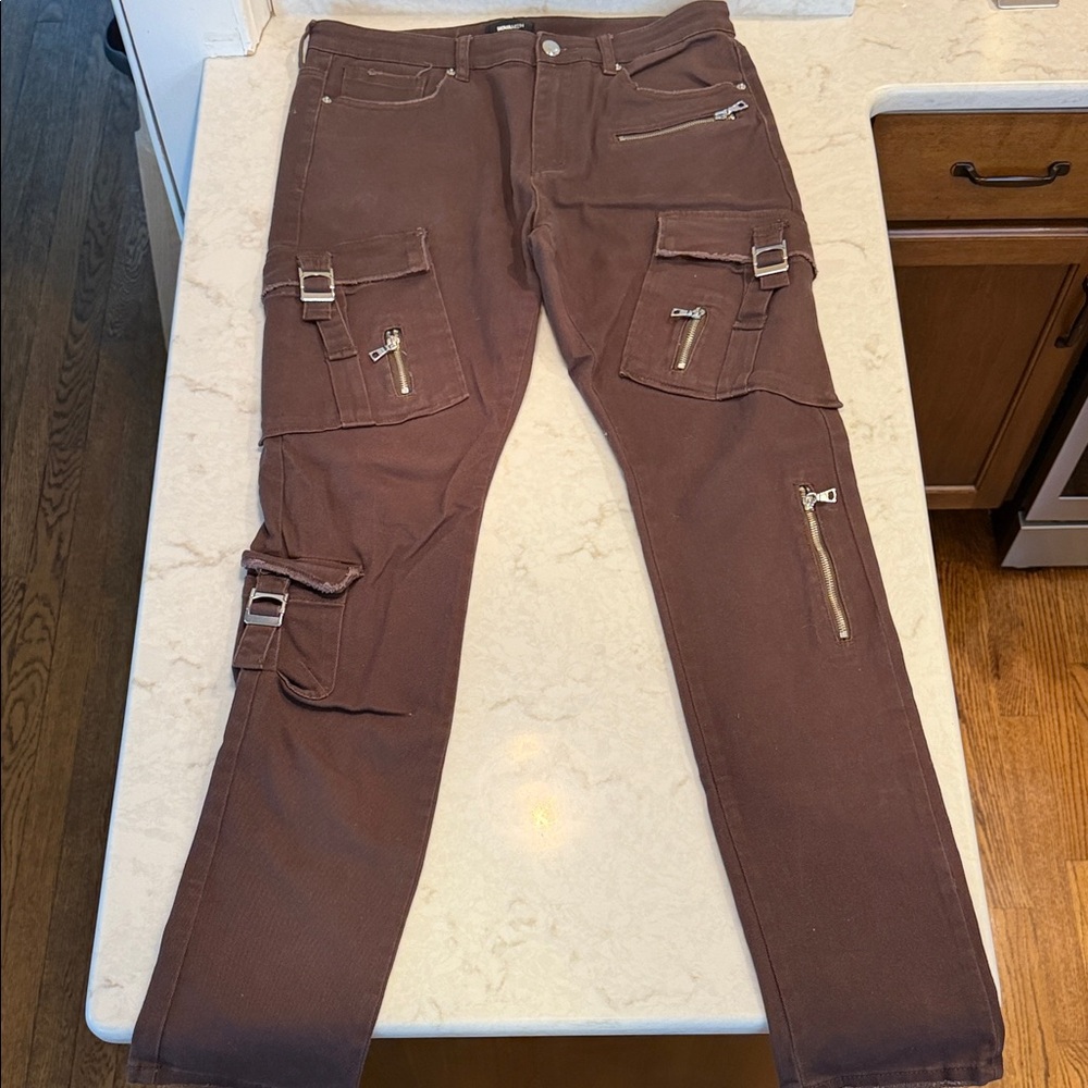 Fashion Nova Men's Dark Brown Cargo Pants with Zipper Accents